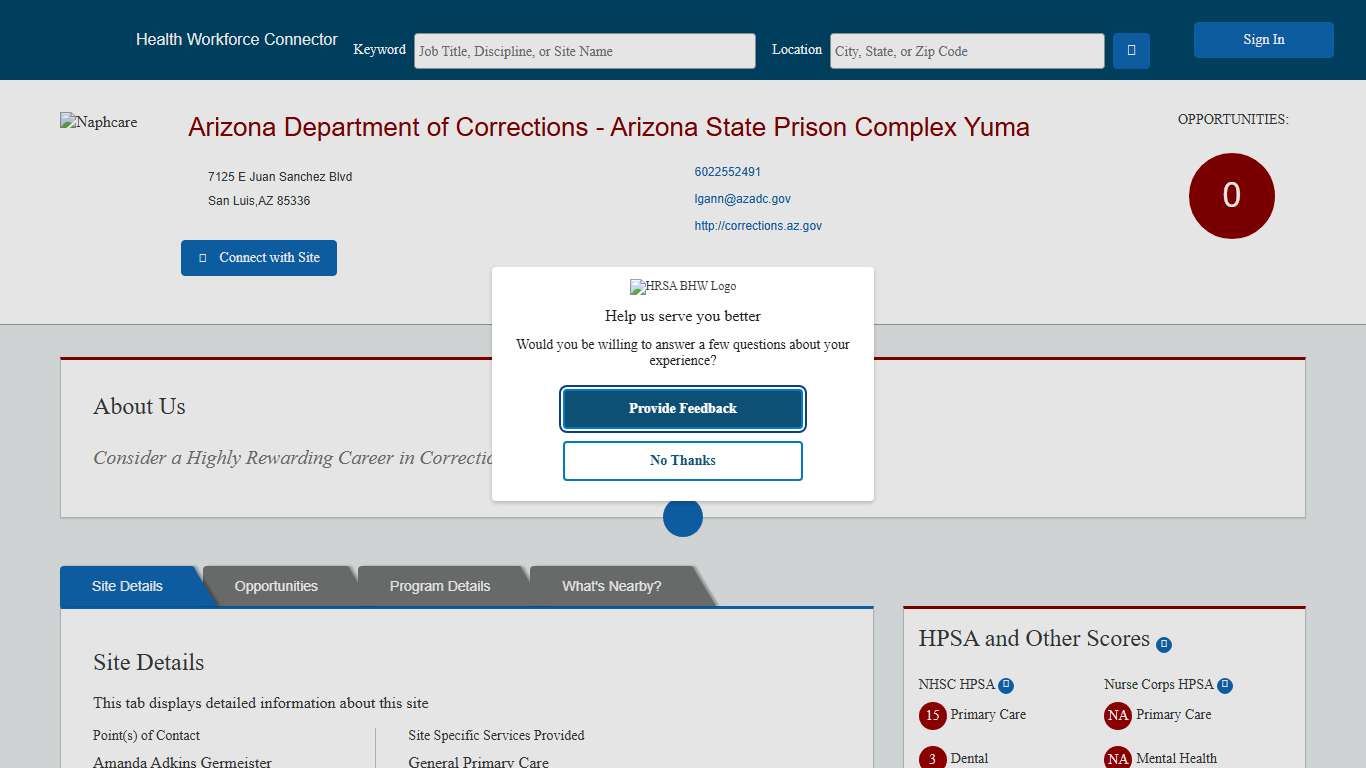 Health Workforce Connector - Site Profile Page